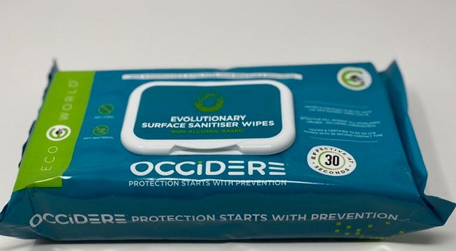 MULTI SURFACE SANITISING WIPES - OCCIDERE® ANTIVIRAL & ANTIBACTERIAL BIODEGRADABLE WIPES - 3 in 1 - CLEANS, SANITISERS & DISINFECTS with a contact time of 30 SECONDS.